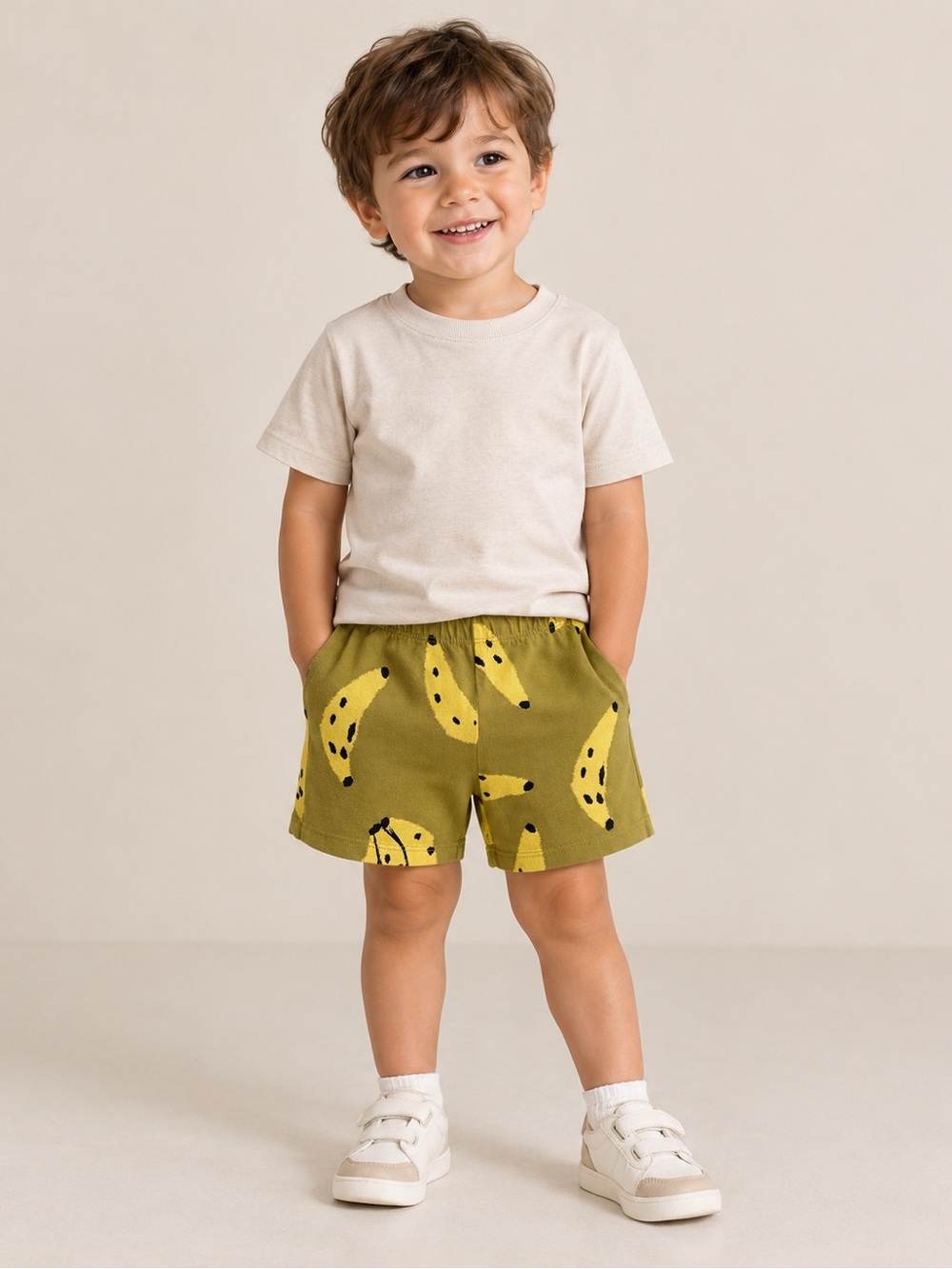 Toddler Boys Olive Green Banana Print Pull-On Shorts